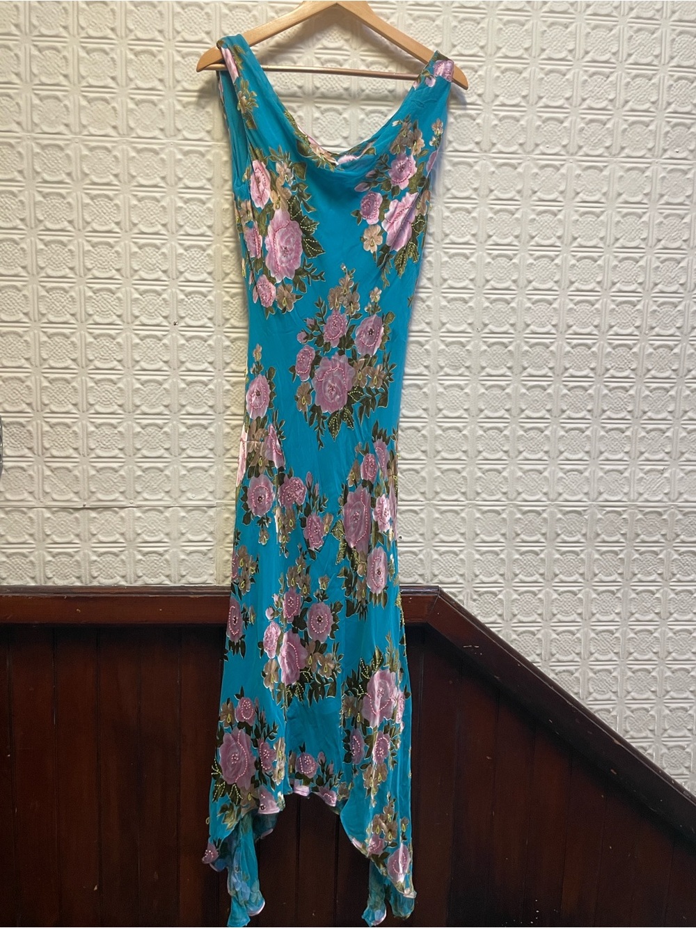Floral Cowl Neck Slip Dress in Teal and Pink
